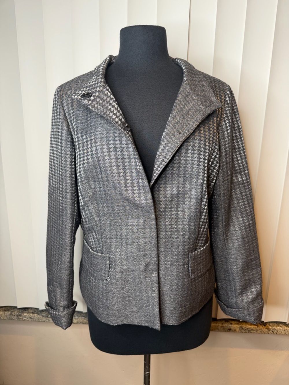 Coldwater Creek Grey Houndstooth Stand-Collar Snap Buttons Jacket Size 12